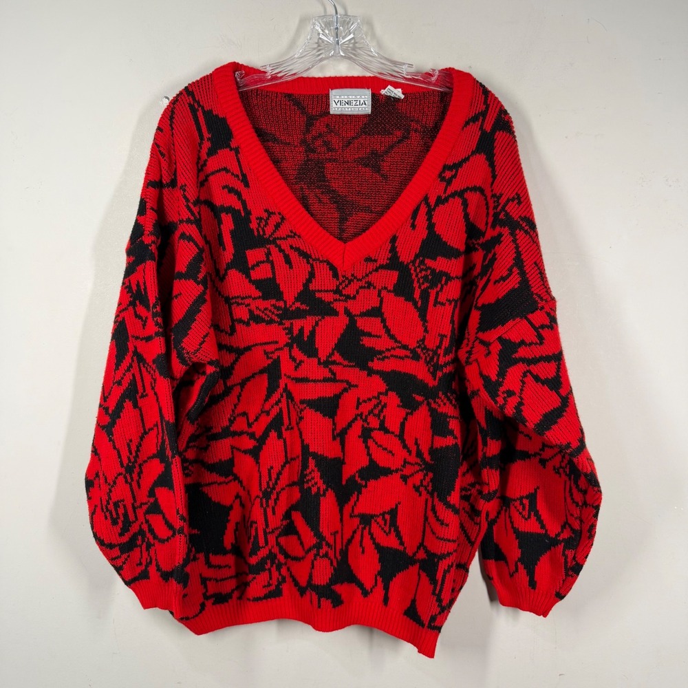 Venezia Sportswear Vintage Red Black Floral V-Neck Sweater Womens Sz 26/28 Plus